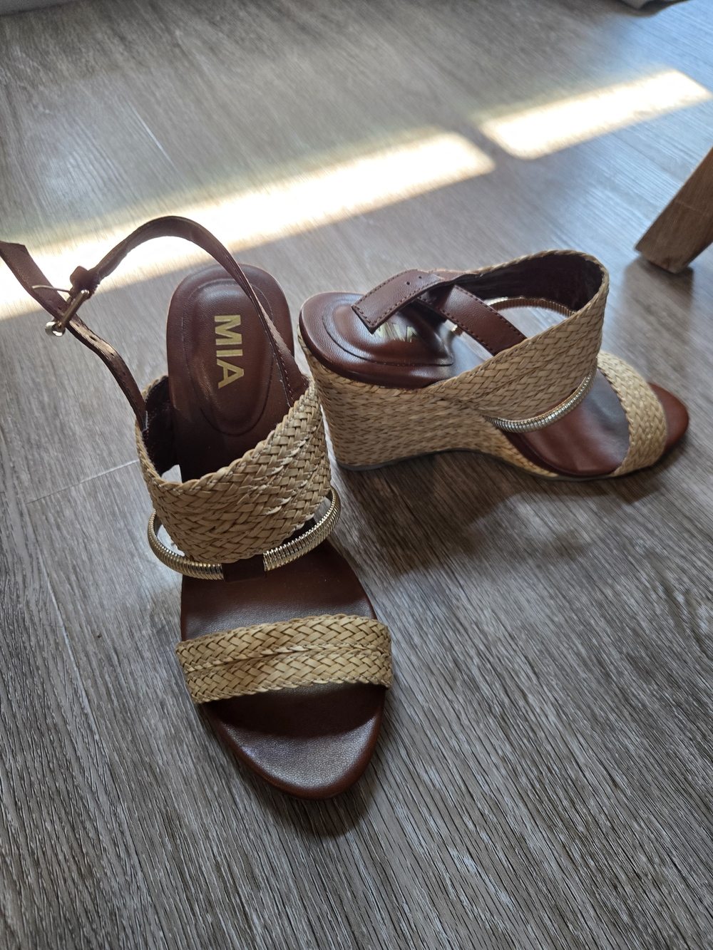MIA Tan Braided Wedge Sandals with Brown Leather Straps